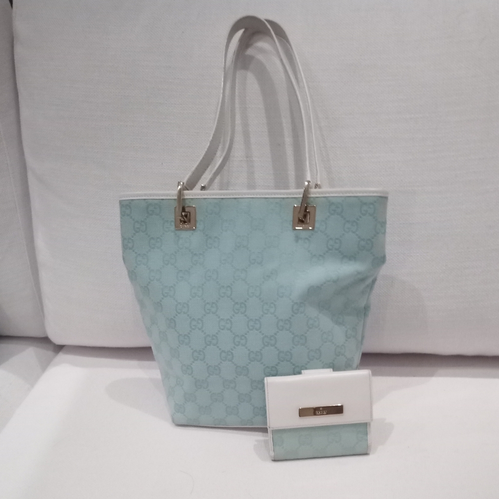 STUNNING Gucci Monogram GG Eclipse Bucket Tote & Wallet Teal & Robin's Egg Blue